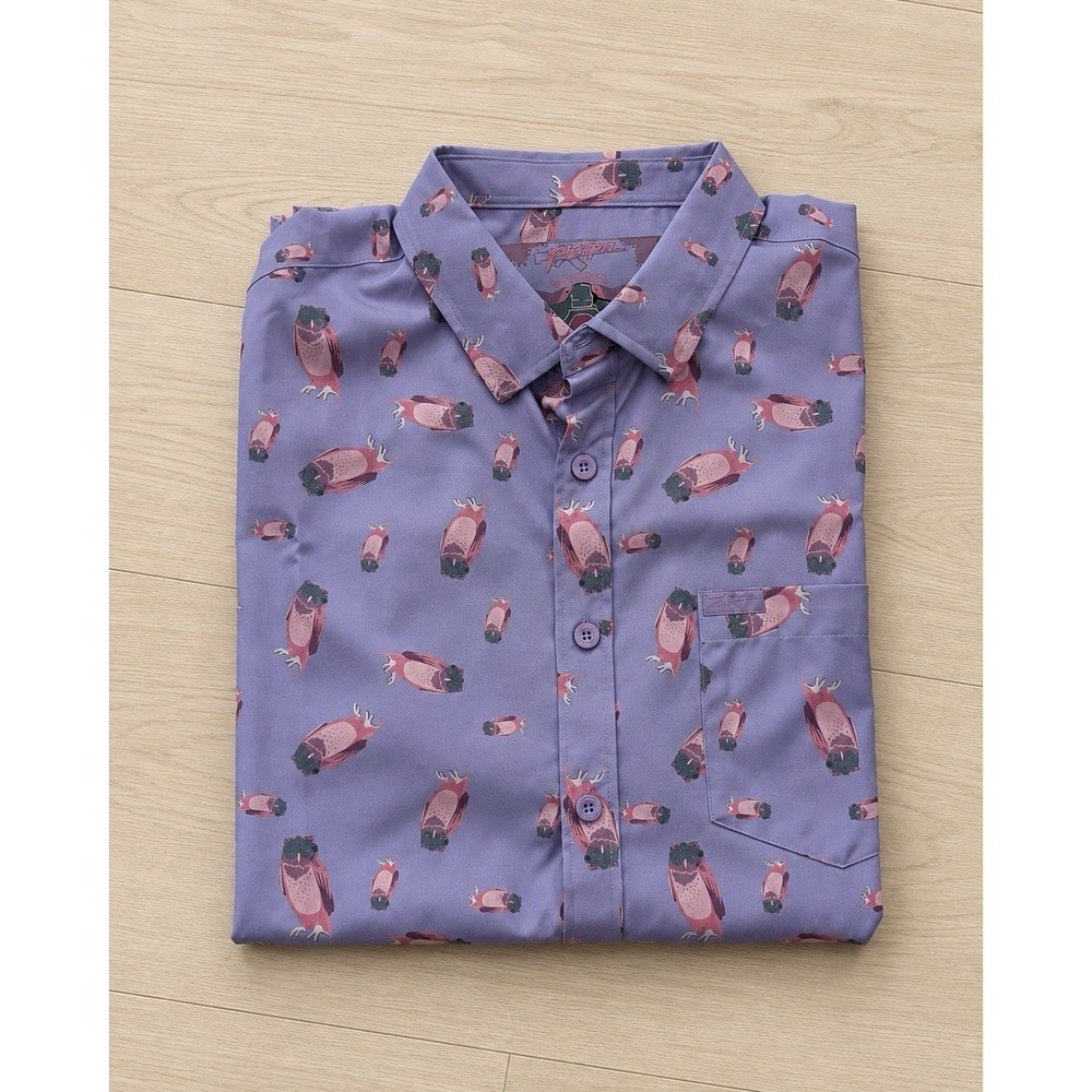 Retro Rifle NVGO Men's Large Purple Owl Print Tactical Button Up Golf Shirt